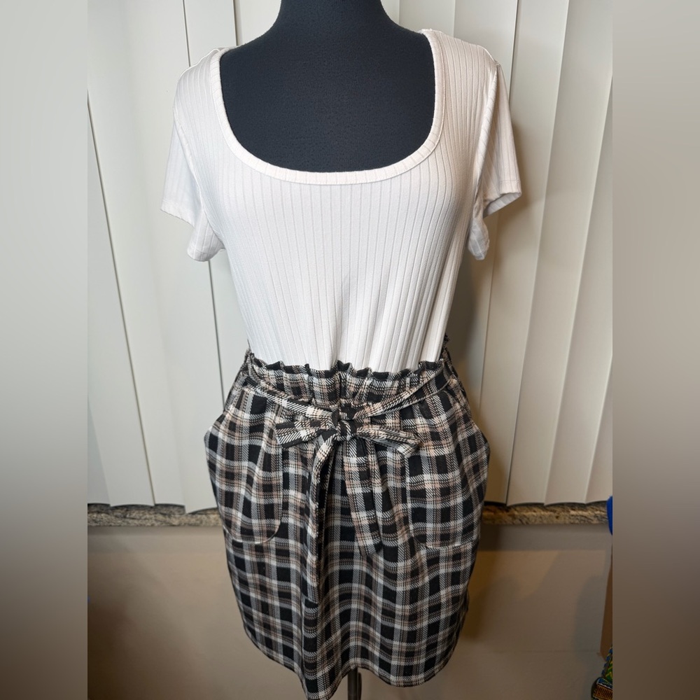 No Comment White Ribbed Top Plaid Bottom Belted one Piece Preppy Dress Size XL